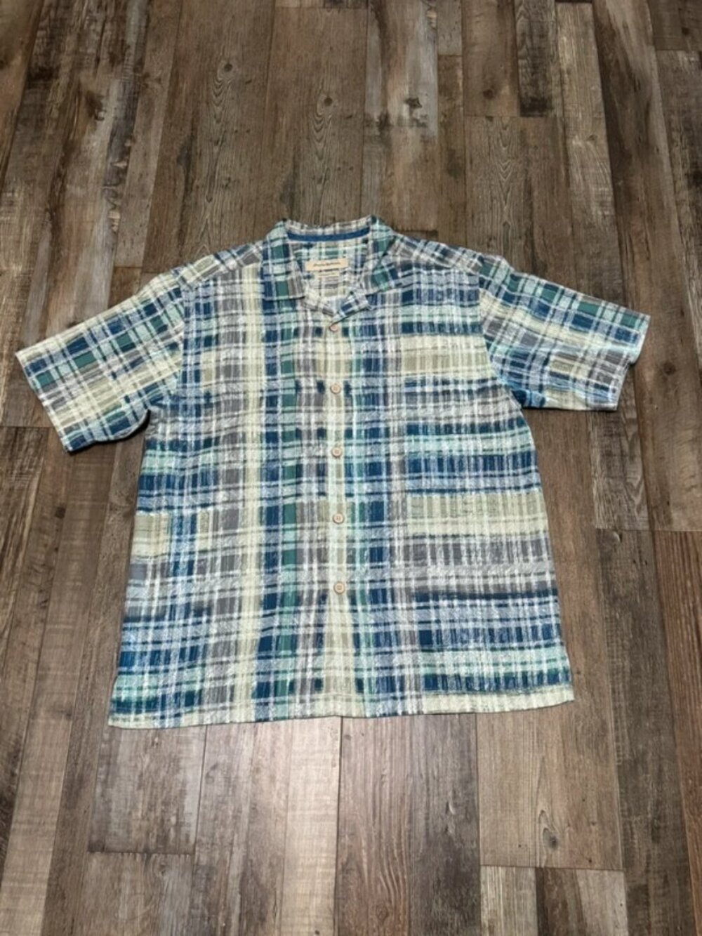 Tommy Bahama Blue & Green Plaid Island Zone Short Sleeve Camp Shirt Size Large